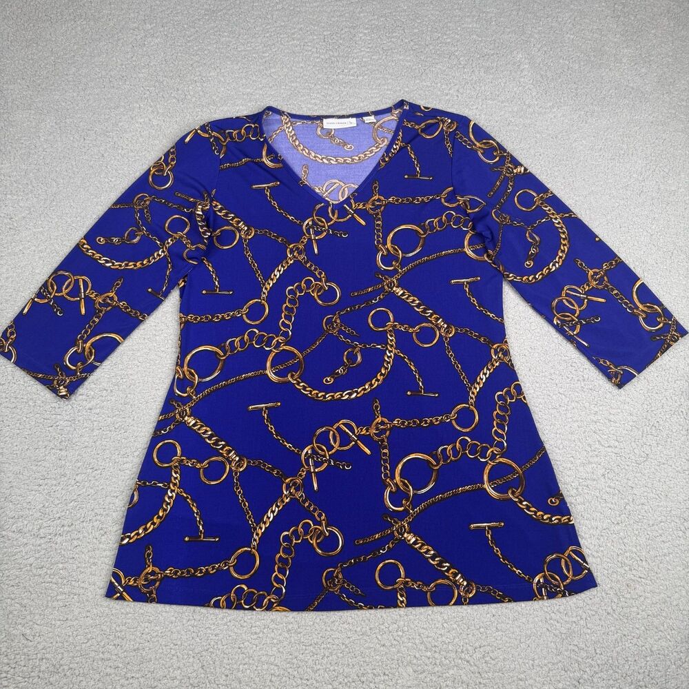 Susan Graver Liquid Knit Top Womens XS Blue Equestrian Chain Print V Neck Tunic - Picture 1 of 11